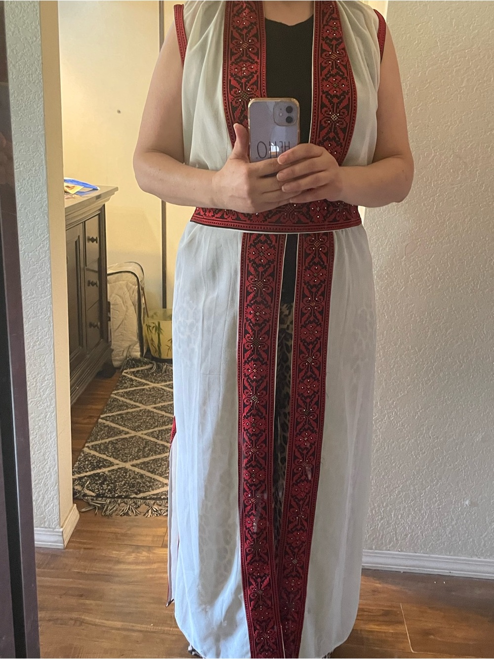 White Maxi open sleeveless Abaya with Red Embroidered Trim